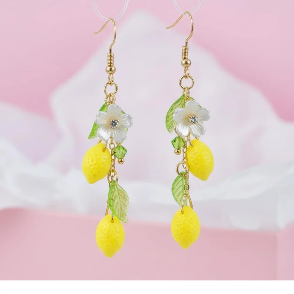 Lemon Drop Earrings with Green Leaves